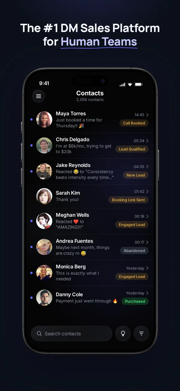 Ellipsend iPhone inbox showing conversations and each contact’s pipeline stage