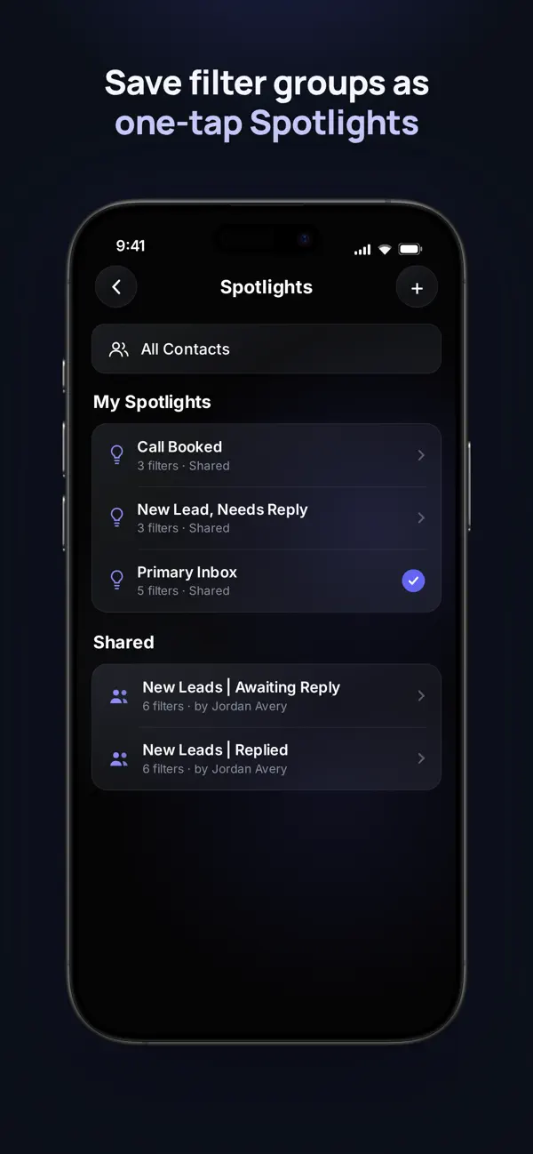 Saved Spotlights in the iPhone app, including Call Booked and New Lead, Needs Reply