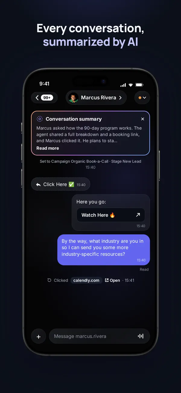 A conversation in the iPhone app with messages, a saved response, and a conversation summary
